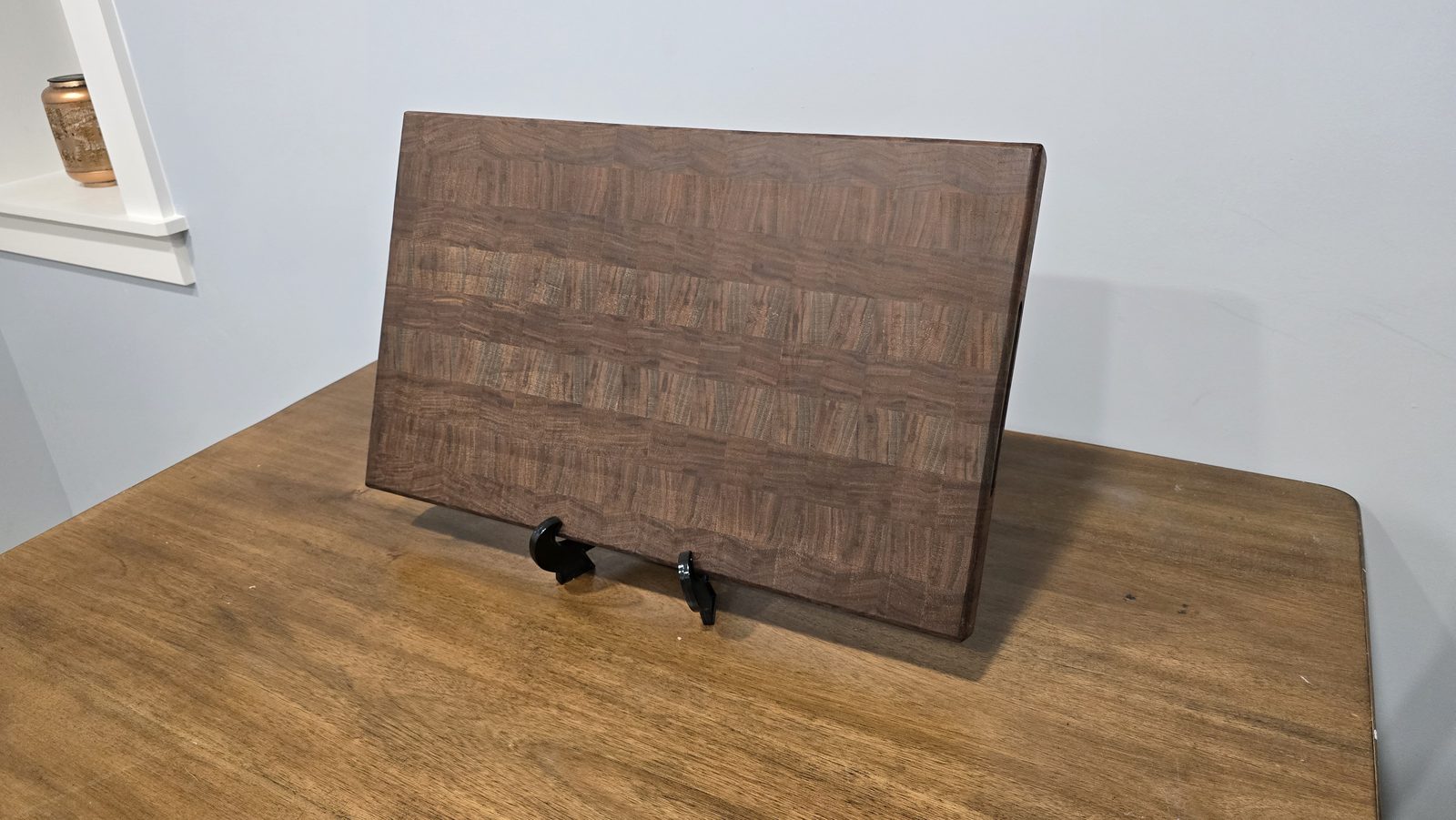 Angled view of an end-grain walnut cutting board
